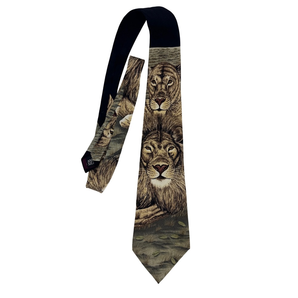 Vintage 1995 Marc Dennis Endangered Species Lion Silk Tie Dynamic Duo Brown Mens
